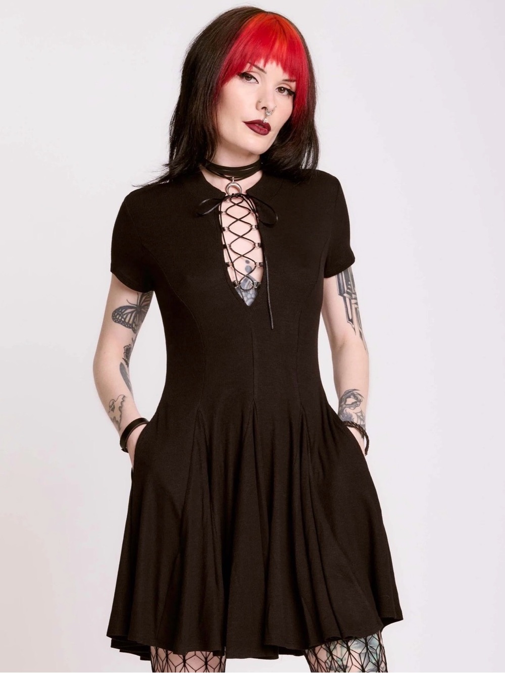 Midnight Hour Lace Up Skater Dress Black Goth Medium NWT - Picture 6 of 6
